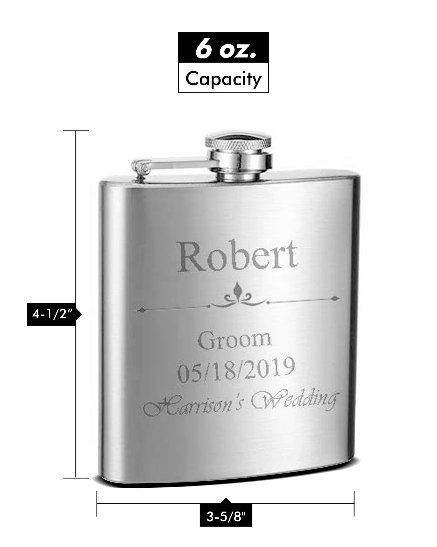 6PK Personalized Custom Engraved 6oz Stainless Steel Flasks for Weddings, True Metal Etching Lasts a Lifetime