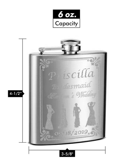 Wedding Flasks for Bridesmaids and Bride, 6 Pack of 6oz Flasks, Personalized
