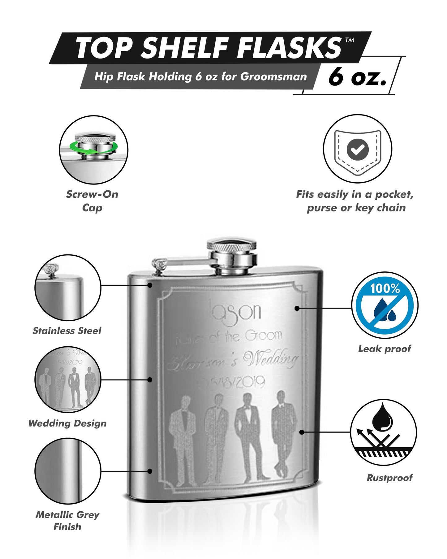 6oz Personalized Wedding Flask for Groomsmen or Groom, 1 Pack