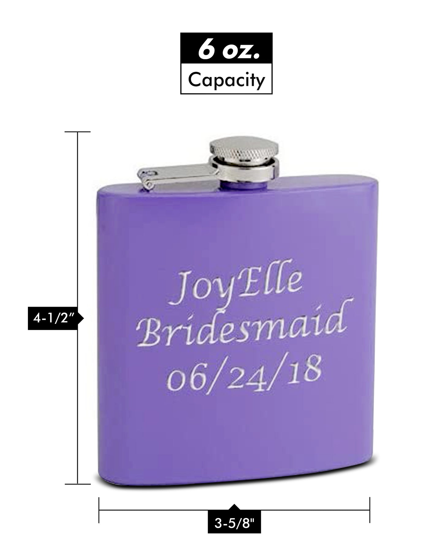 Hip Flask Holding 6 oz for Bridesmaid - Purple Finish, Stainless Steel, Screw-On Cap, Expertly Welded, Leakproof, Rustproof - Front Engravable for Personalized Gift