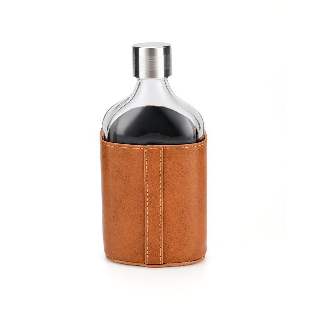 Personalized Modern Glass Liquor Hip Flask with Removable Leather Pouch Holder for Men & Women - Stainless Steel Cap