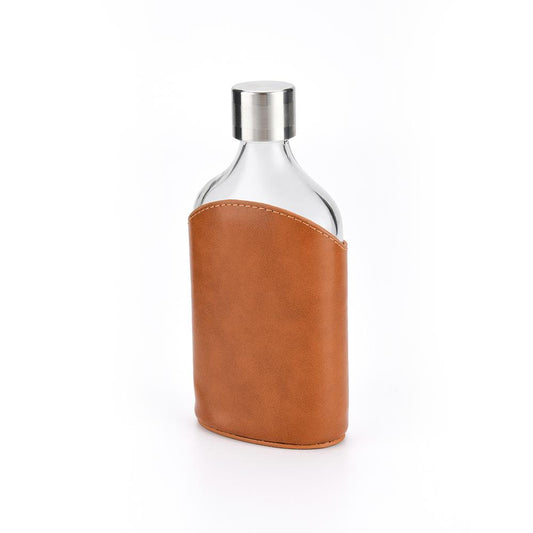 Personalized glass hip flask with a metal cap and leather cover.