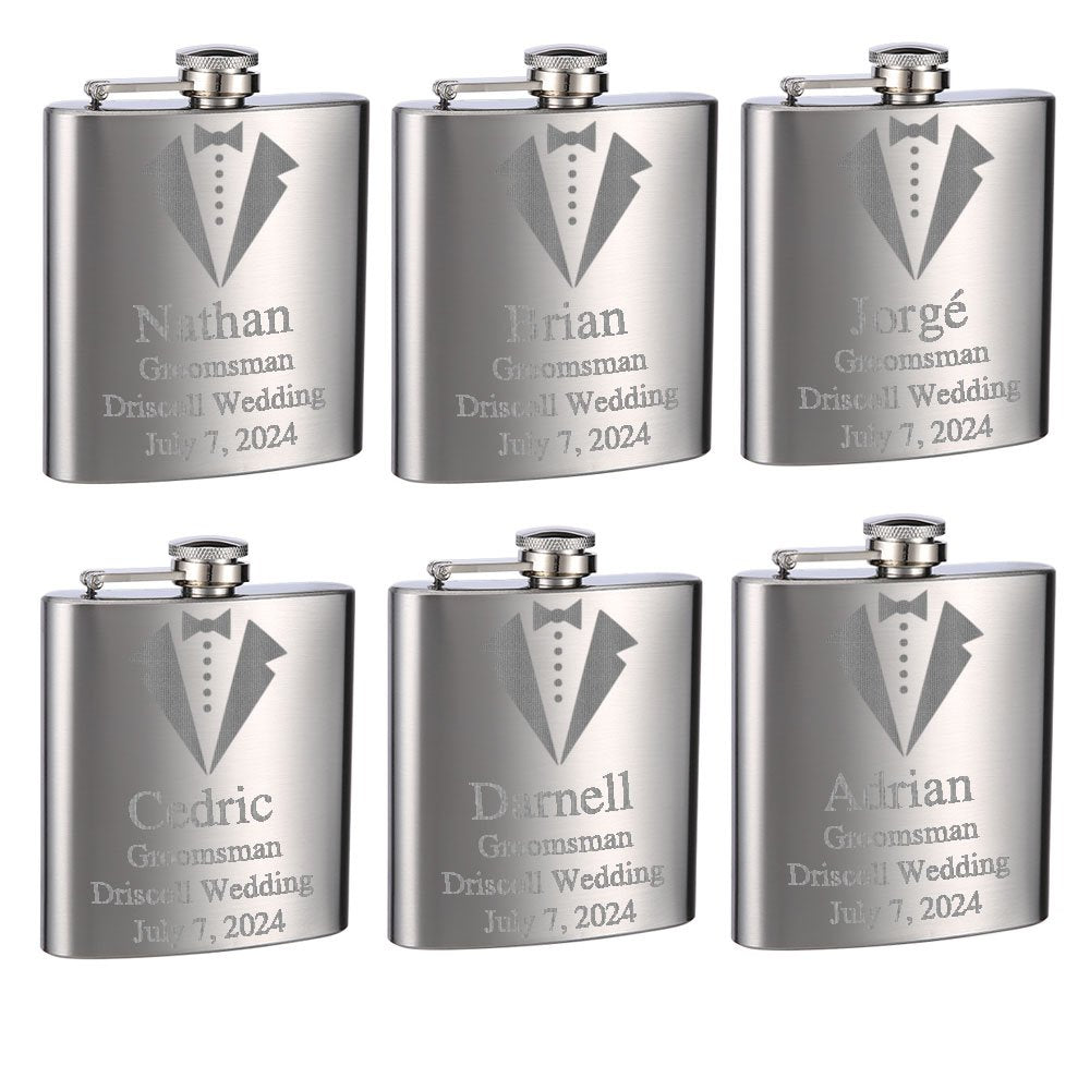 Personalized Set of 6 Custom Engraved hotsell 8oz Mirror Polished Flasks